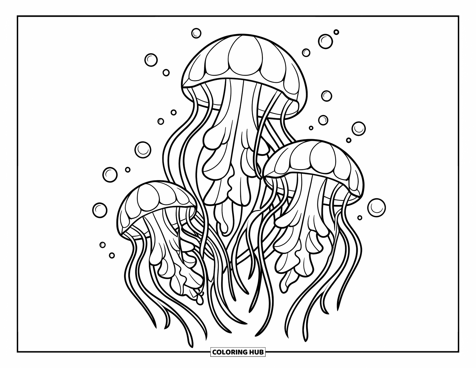 Under The Sea Coloring Page for Kids: Three jellyfish with flowing tentacles drift surrounded by bubbles