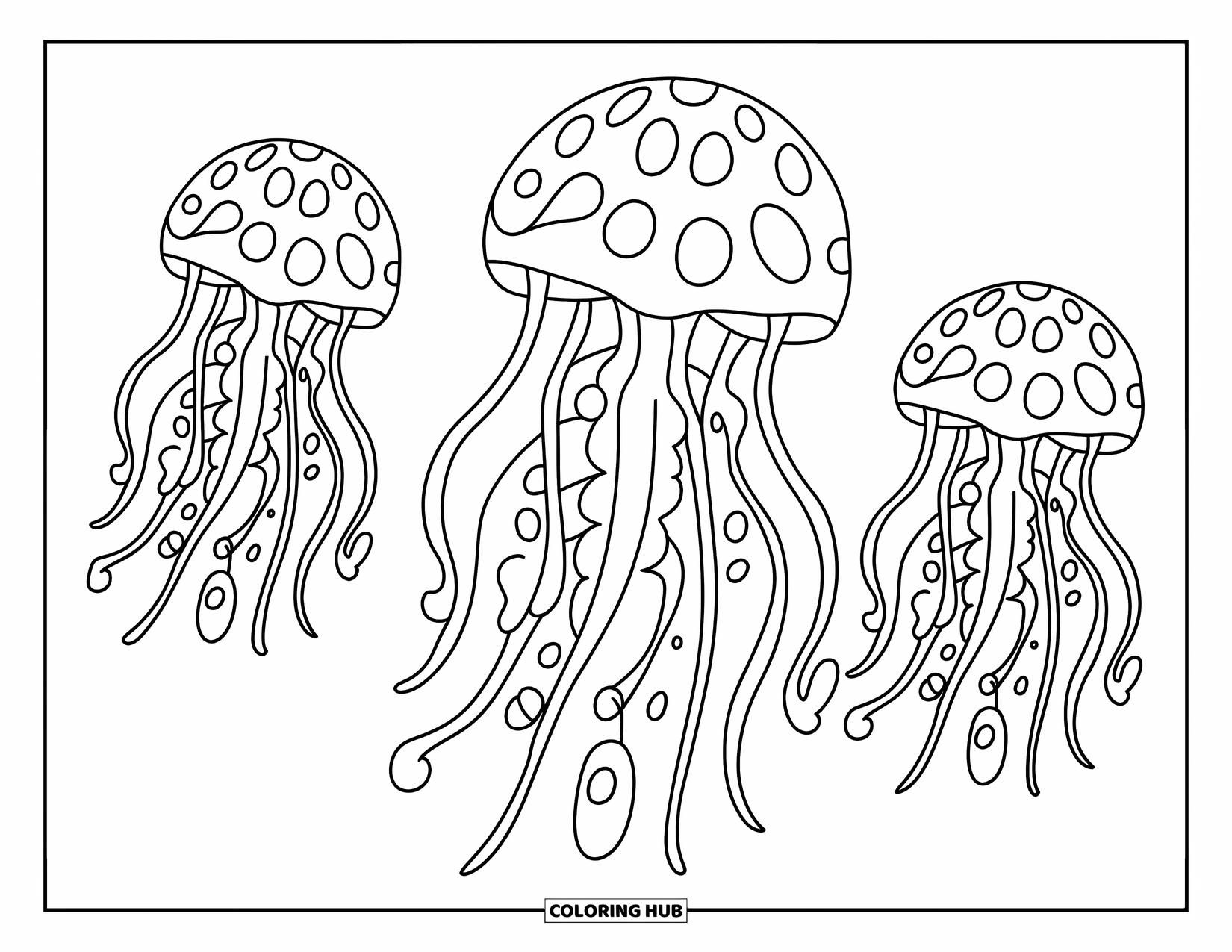 Under The Sea Coloring Page for Kids: Three jellyfish with round bodies and soft tentacles float gently