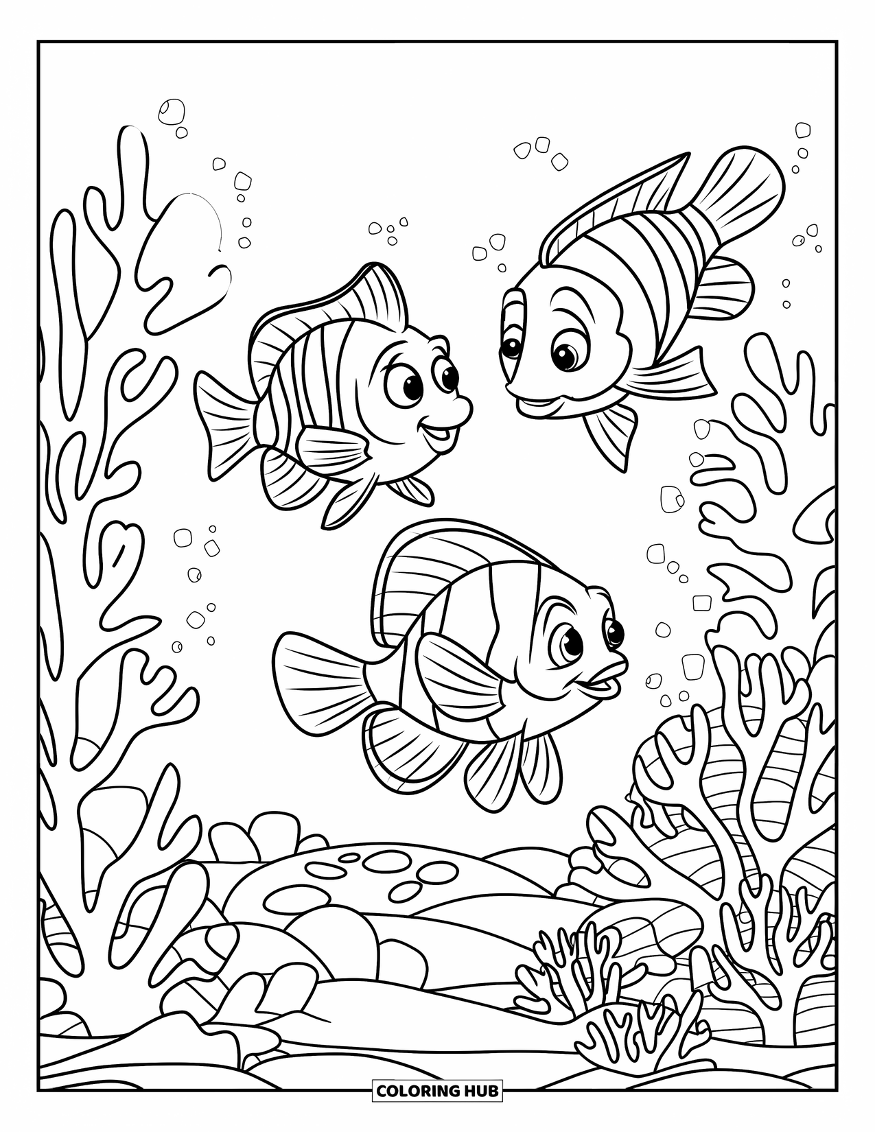 Under The Sea Coloring Page for Kids: Three playful fish hide among coral in a clear ocean