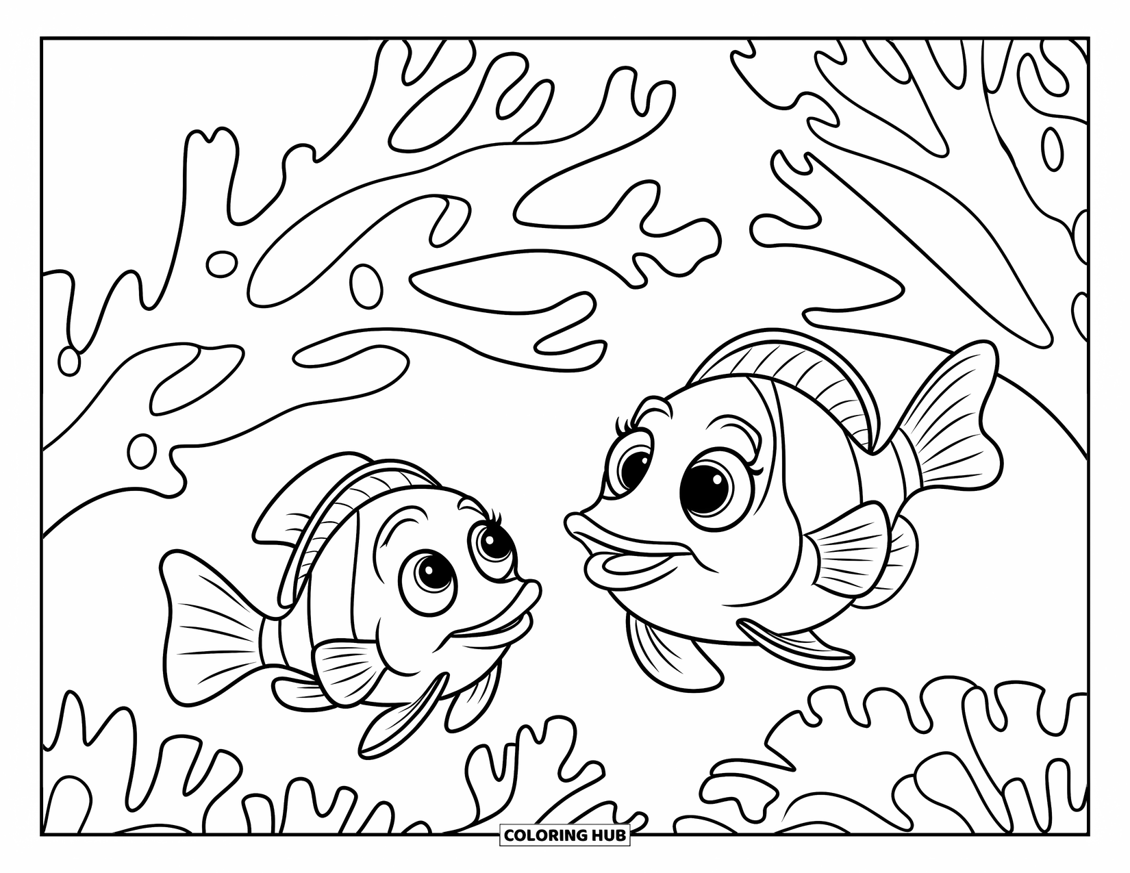 Under The Sea Coloring Page for Kids: Two fish play around a coral branch in a peaceful ocean