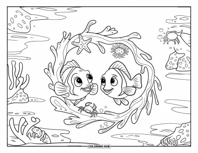 Under The Sea Coloring Page for Kids: Two fish play around coral with a starfish and crab nearby