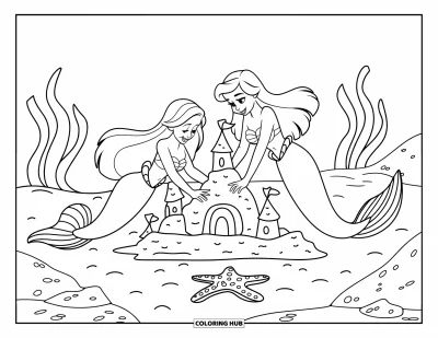 Under The Sea Coloring Page for Kids: Two mermaids build a sandcastle surrounded by seaweed and rocks