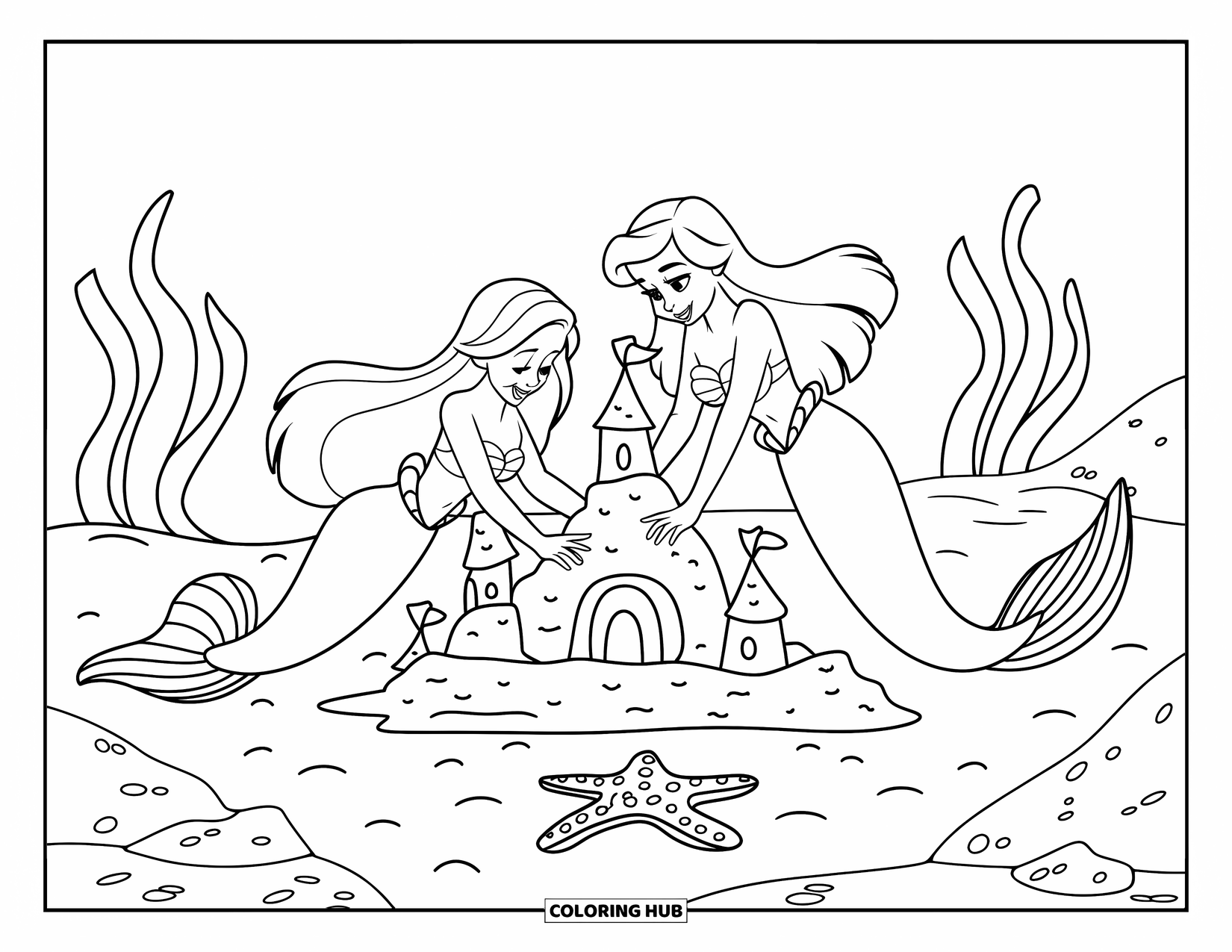 Under The Sea Coloring Page for Kids: Two mermaids build a sandcastle surrounded by seaweed and rocks