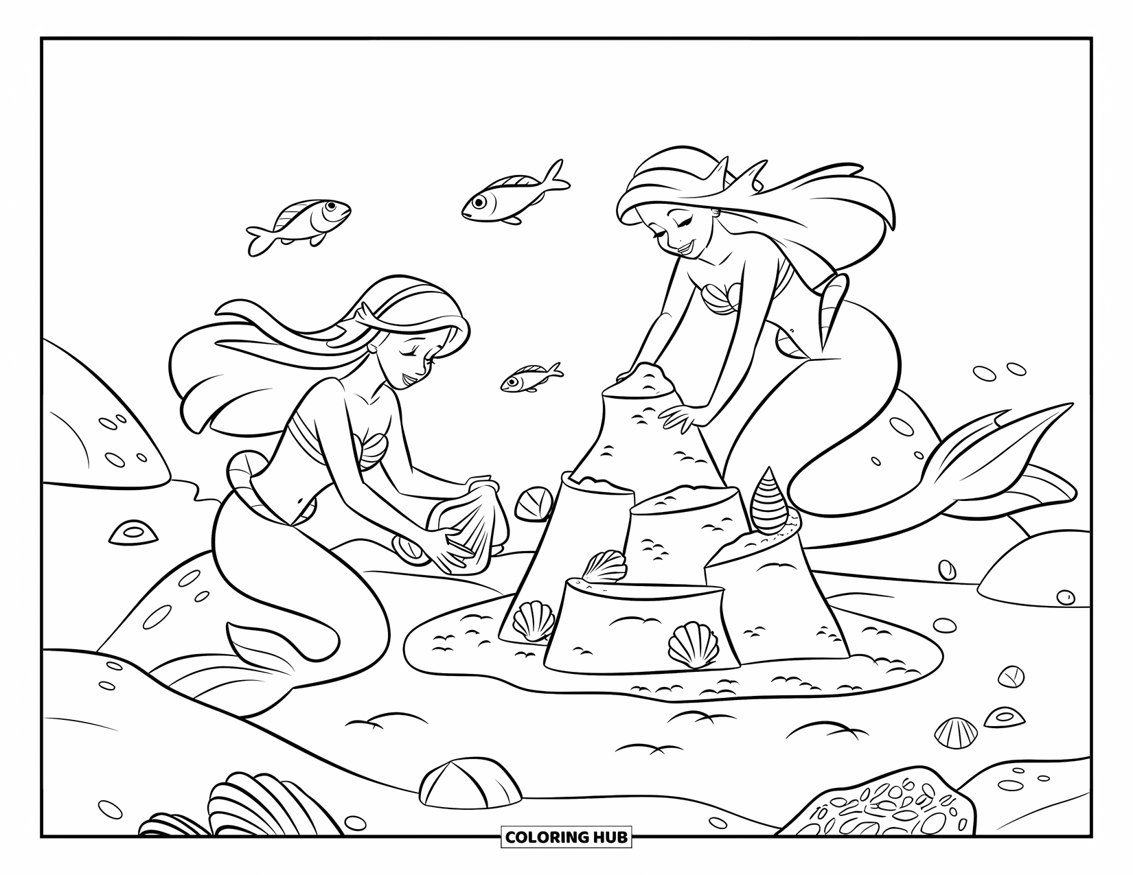 Under The Sea Coloring Page for Kids: Two mermaids build a seashell-decorated sandcastle on a rocky ocean floor