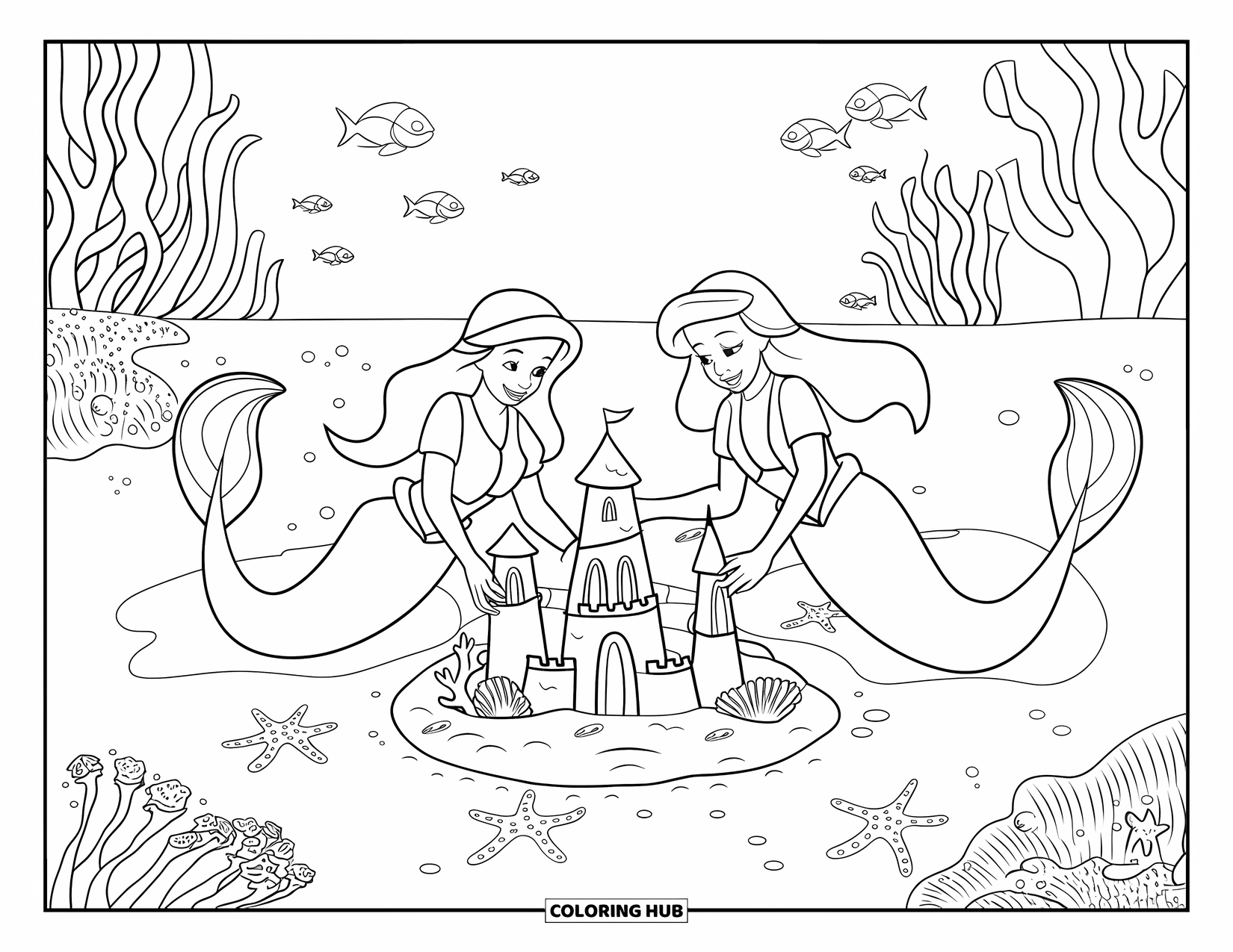 Under The Sea Coloring Page for Kids: Two mermaids with green tails decorate a sandcastle with seashells