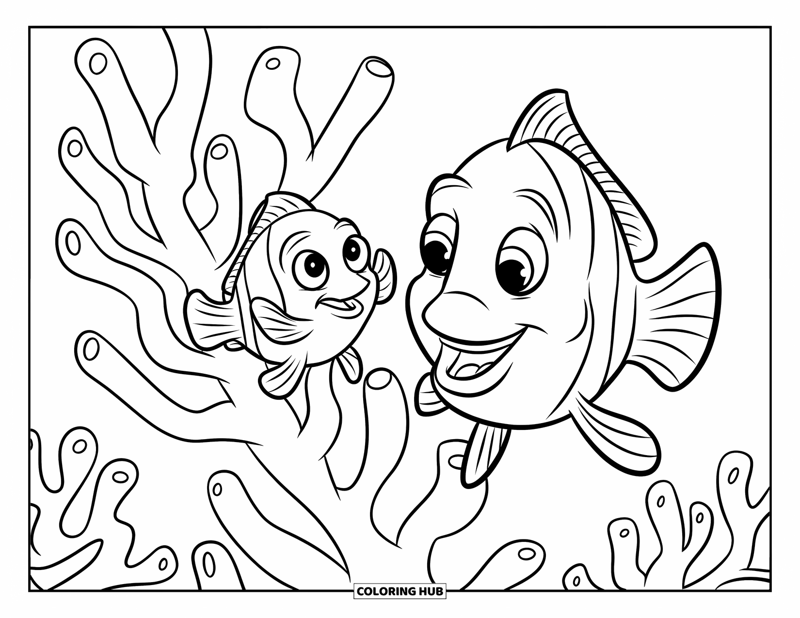 Under The Sea Coloring Page for Kids: Two playful fish swim around a coral branch with wide smiles