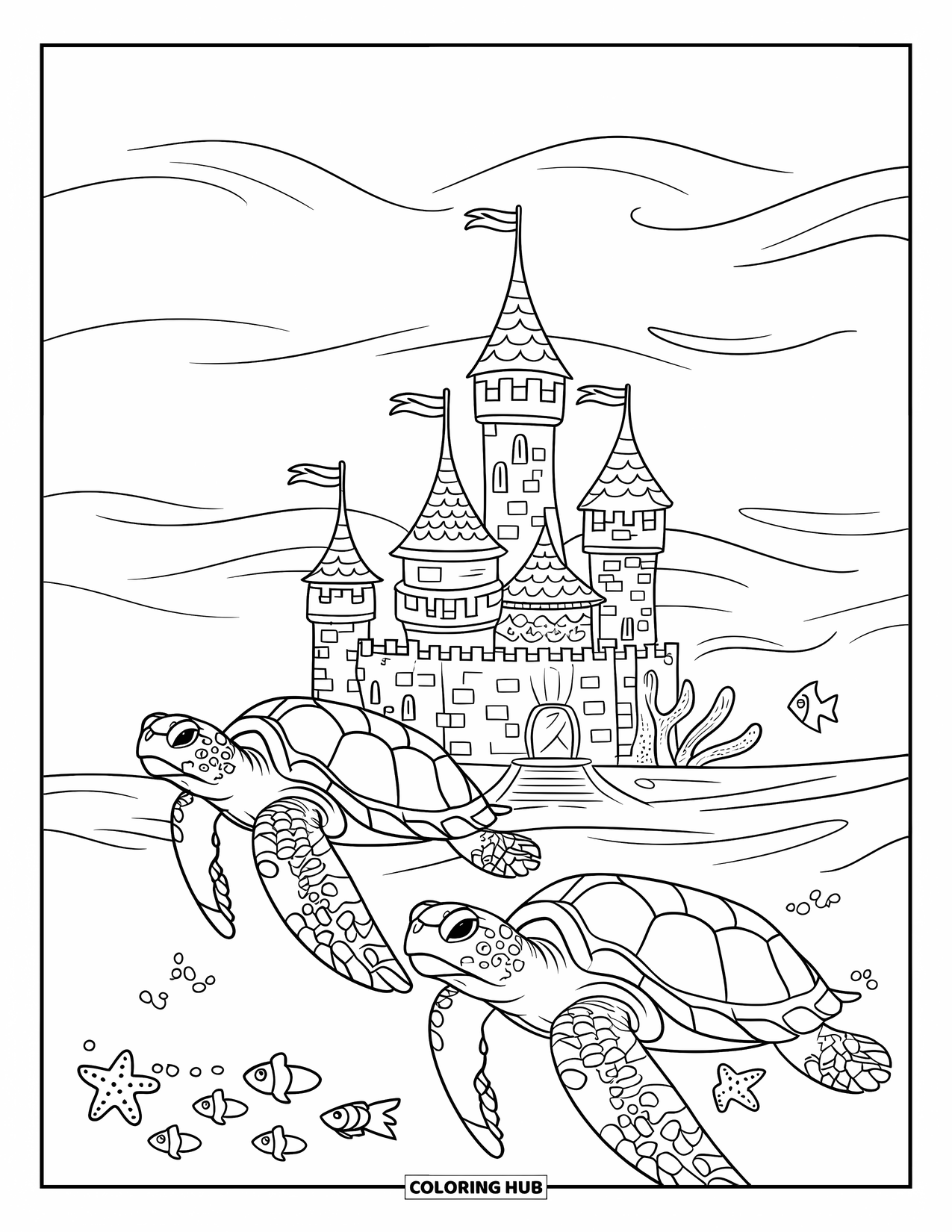 Under The Sea Coloring Page for Kids: Two sea turtles guard a stone castle surrounded by fish and starfish