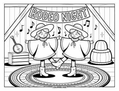 Coloriage Western pour adultes : Un duo joyeux avec de grands chapeaux danse sur un tapis confortable avec un banjo à proximité