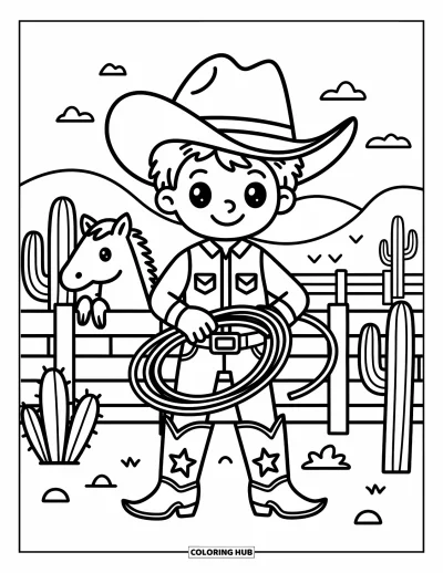 Coloriage Western pour adultes : Un cowboy tient un lasso près d'un cheval doux et de cactus du désert sous un large chapeau