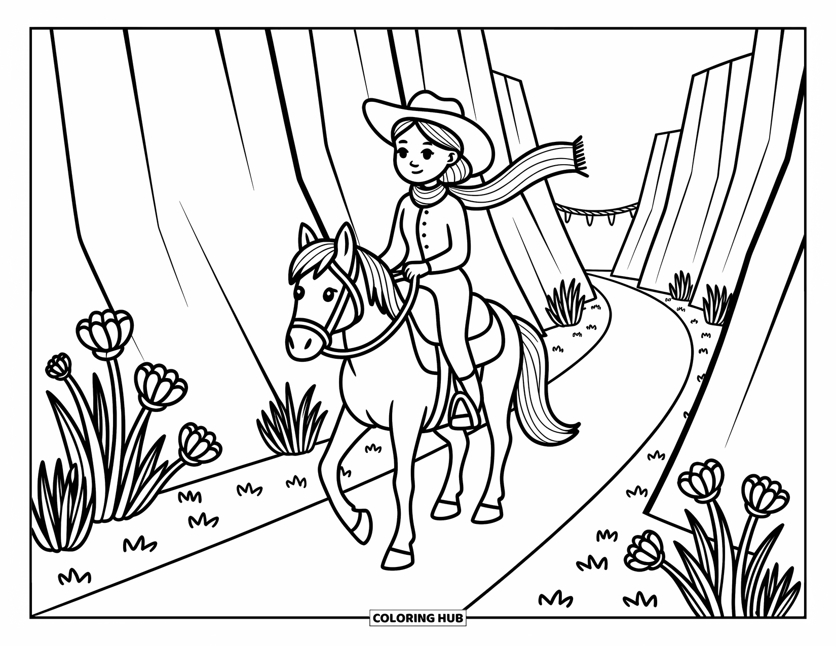 Western Kleurplaat voor Volwassenen: Een cowgirl te paard reist over een kronkelend canyonpad met bloemen en een hangbrug voor zich