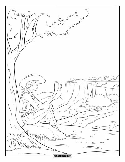 Coloriage Western pour adultes : Une cowgirl est assise sur un rocher près d’un arbre, profitant de la vue calme d’un canyon