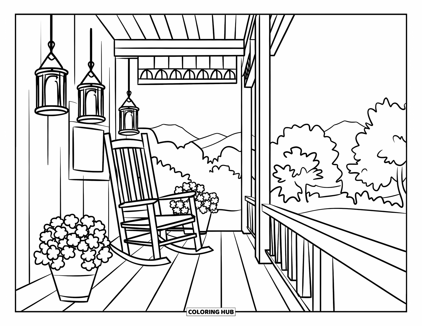 Western Kleurplaat voor Volwassenen: Een gezellige houten veranda met lantaarns en bloemen staat onder een vredig uitzicht op de bergen