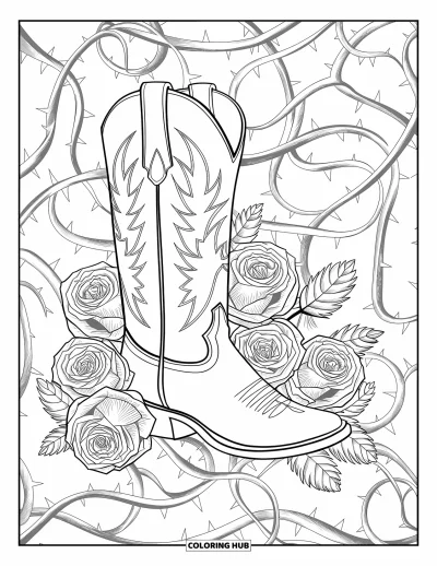 Coloriage Western pour adultes : Une botte détaillée se dresse, entourée de roses avec des épines et de douces plumes