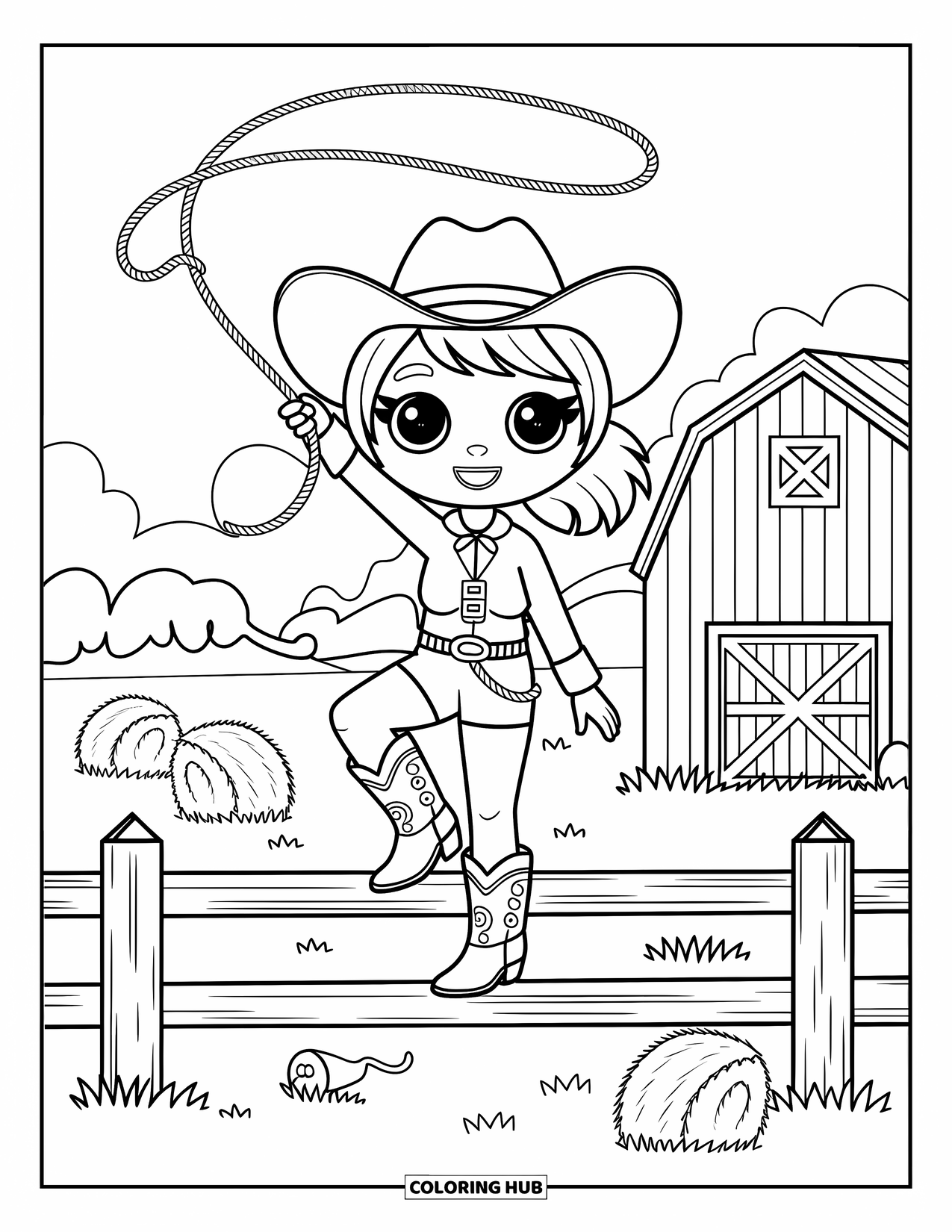Western Kleurplaat voor Volwassenen: Een vrolijke cowgirl zwaait met haar lasso terwijl ze op een hek staat in de buurt van hooi en een tumbleweed