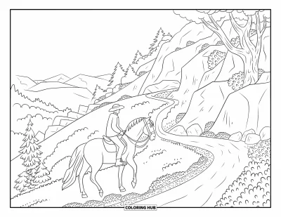 Coloriage Western pour adultes : Un cheval et son cavalier suivent un chemin sinueux à travers des collines verdoyantes et un terrain montagneux rocheux