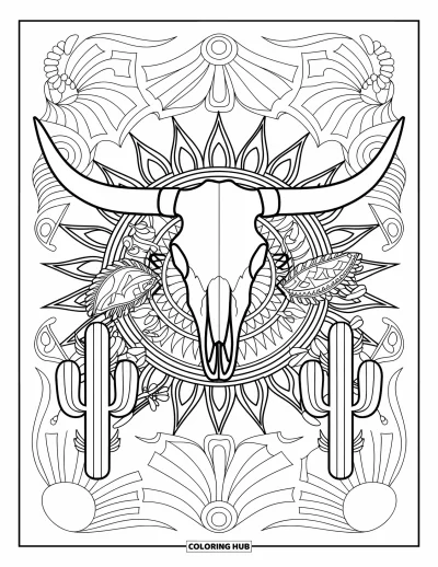 Coloriage Western pour adultes : Un crâne de Longhorn à motifs est encadré de motifs ensoleillés et de motifs de cactus pour une ambiance créative