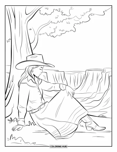 Coloriage Western pour adultes : Une cowgirl paisible s’appuie contre un arbre tout en profitant de la vue sur un canyon lointain