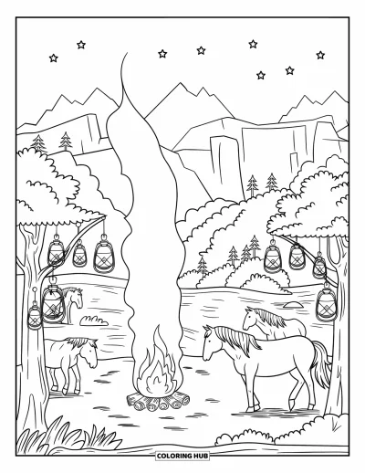 Coloriage Western pour adultes : Un campement fluvial paisible avec des chevaux, des arbres et des lanternes brille doucement sous un ciel étoilé