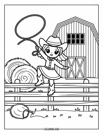 Coloriage Western pour adultes : Une cowgirl joueuse fait tourner son lasso sur une clôture avec une grange et du foin autour d'elle