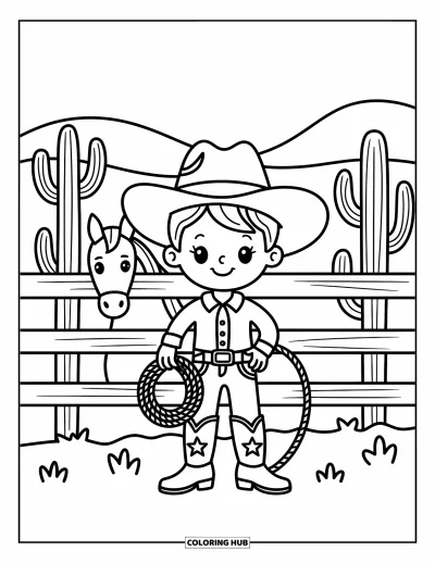 Coloriage Western pour adultes : Un petit cowboy fier se tient près d'une clôture avec un lasso et son cheval derrière lui