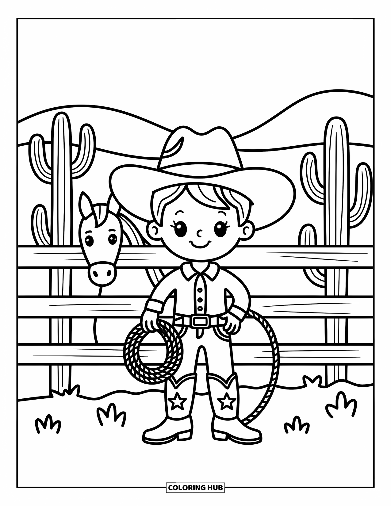 Western Kleurplaat voor Volwassenen: Een trotse kleine cowboy staat bij een hek met een lasso en zijn paard achter hem