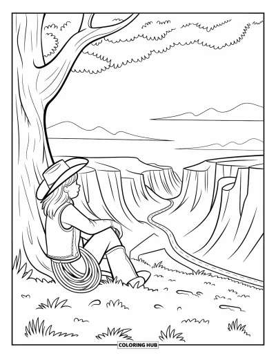 Coloriage Western pour adultes : Un moment tranquille avec une cowgirl près d'un arbre regardant des montagnes et un ciel doux