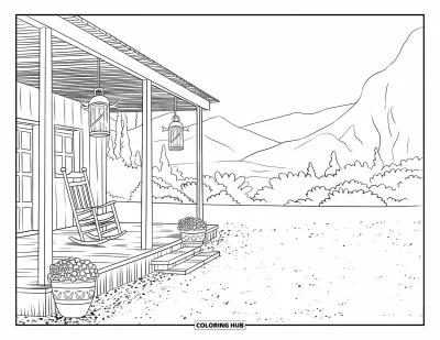 Coloriage Western pour adultes : Un porche tranquille avec une chaise berçante, des lanternes et des fleurs fait face à des montagnes et des arbres paisibles