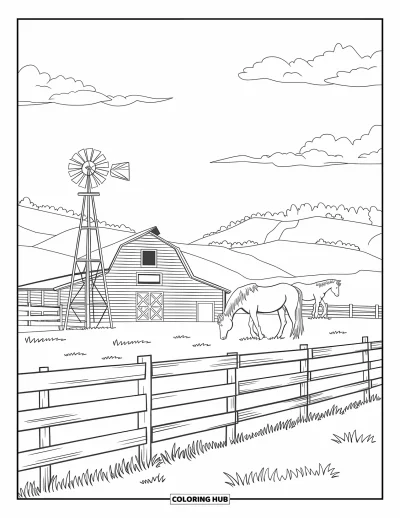Coloriage Western pour adultes : Un ranch tranquille avec des chevaux qui paissent, un moulin à vent et une grange repose parmi de douces collines