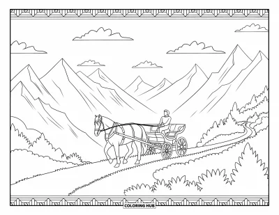 Coloriage Western pour adultes : Un cavalier guide un cheval et une calèche le long d’un sentier de montagne paisible sous un ciel dégagé