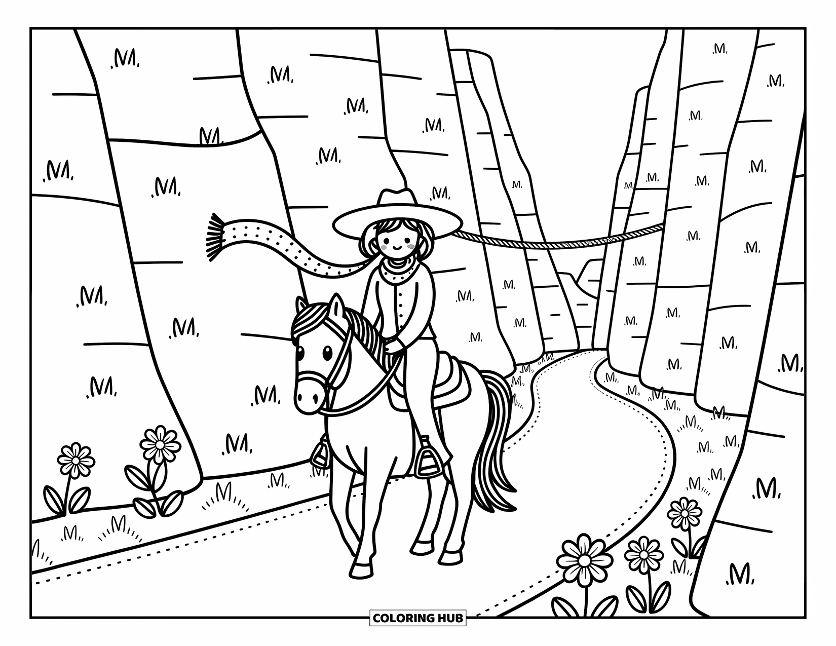Western Kleurplaat voor Volwassenen: Een lachende cowgirl rijdt op haar paard over een canyonpad omzoomd met bloeiende woestijnbloemen