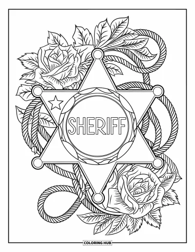 Coloriage Western pour adultes : Un insigne de shérif en forme d’étoile est entouré de roses tourbillonnantes et de corde dans un thème western