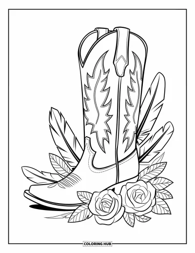 Coloriage Western pour adultes : Une botte de cowboy élégante est entourée de roses et de plumes dans un joli motif western