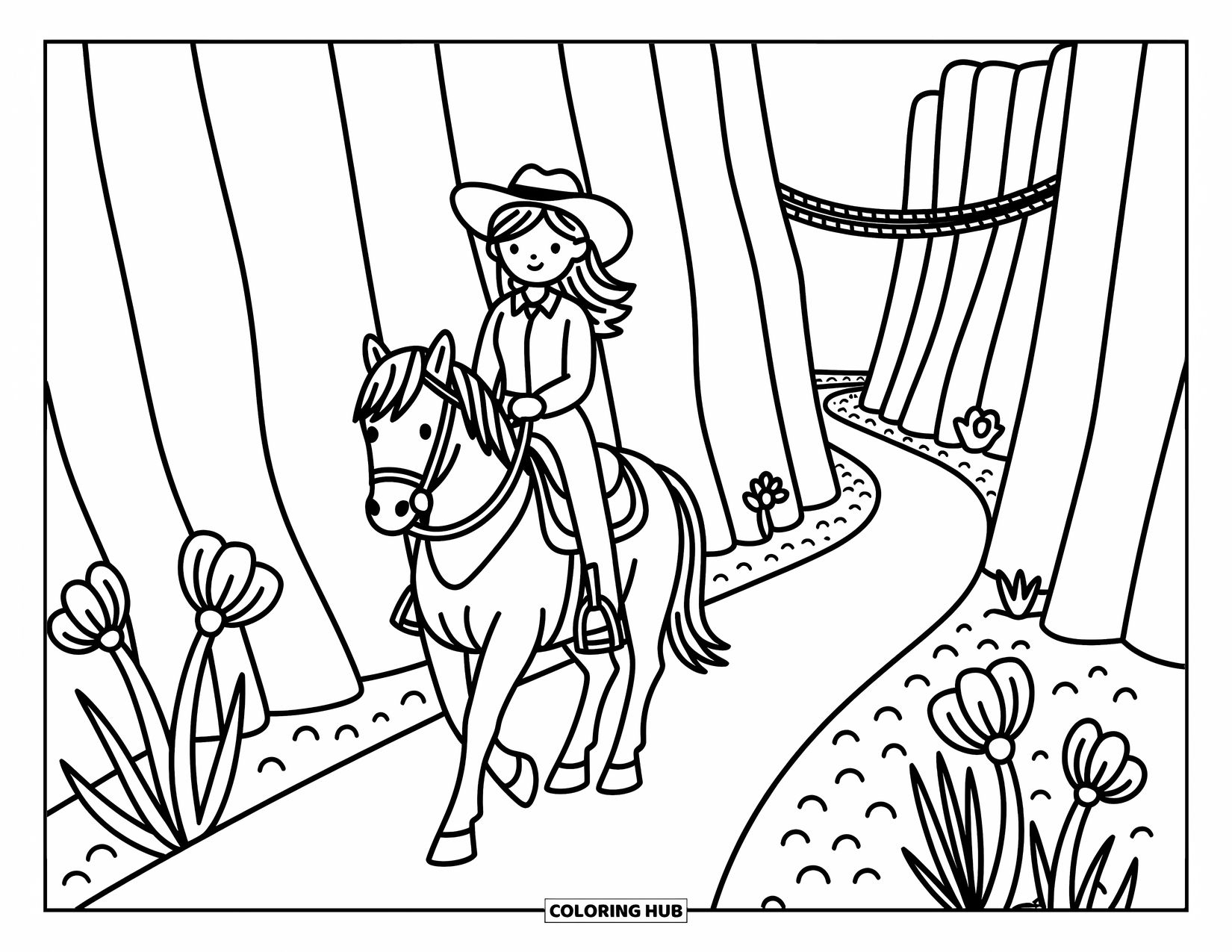 Western Kleurplaat voor Volwassenen: Een lieve cowgirl rijdt vredig door een woestijncanyon met zachte rotswanden en een brug