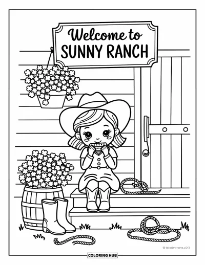 Coloriage Western pour adultes : Une petite cowgirl joue de l'harmonica sur un porche avec des bottes, des pots de fleurs et un panneau confortable