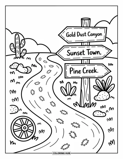 Coloriage Western pour adultes : Un sentier avec des empreintes de pas ludiques serpente devant un panneau en bois indiquant trois villes western amusantes