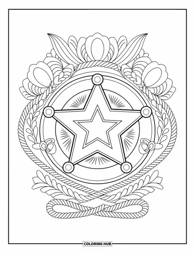 Coloriage Western pour adultes : Un insigne de shérif vintage est encadré de fleurs et de volutes de corde dans un style western classique