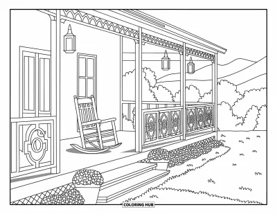 Coloriage Western pour adultes : Un porche accueillant avec des pots de fleurs, des lanternes et des balustrades en bois donne sur les montagnes