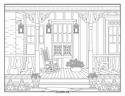 Coloriage Western pour adultes : Un porche western avec des lanternes suspendues, des pots de fleurs et des détails artistiques en bois est calme et confortable