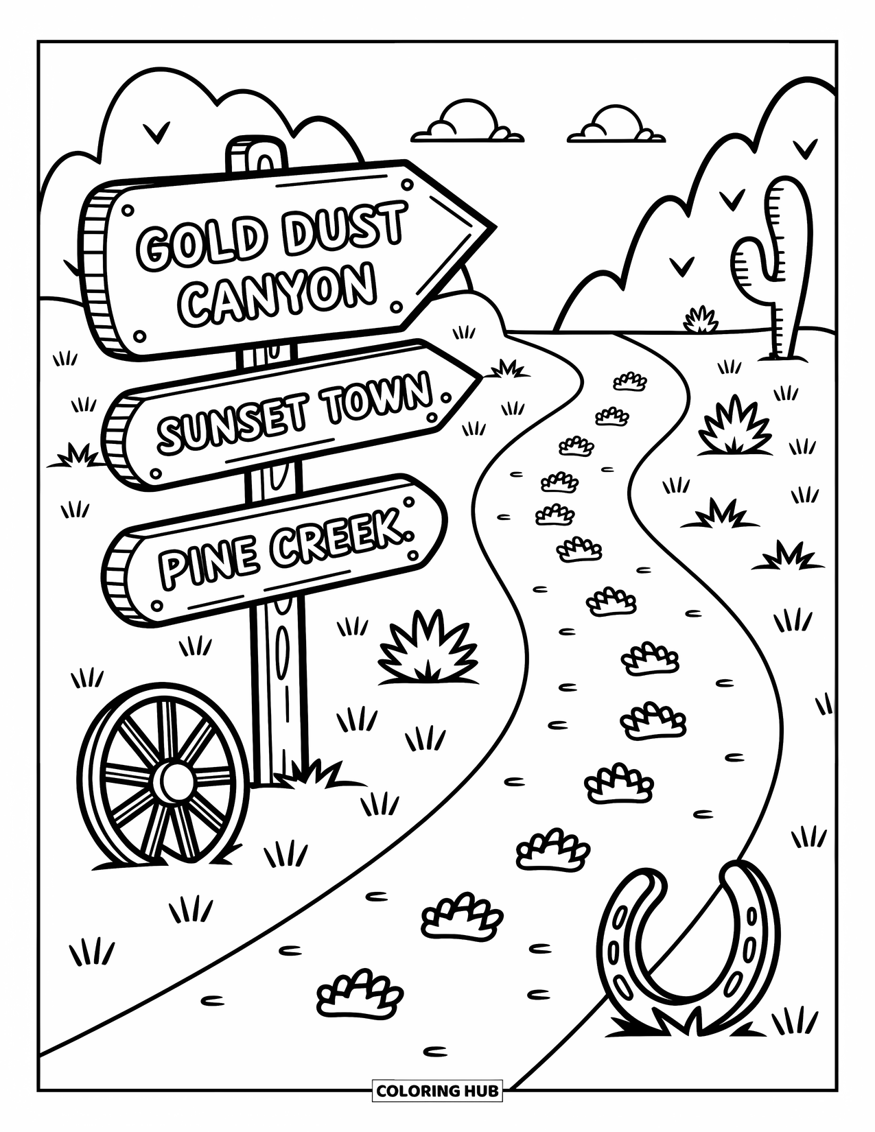 Western Kleurplaat voor Volwassenen: Een grillige wegwijzer splitst het pad tussen Gold Dust Canyon, Sunset Town, en Pine Creek