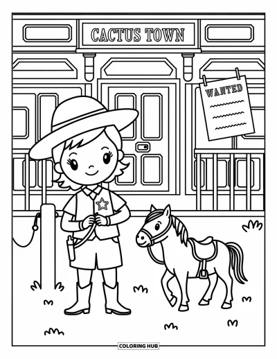 Coloriage Western pour adultes : Un jeune shérif épingle un badge à l'extérieur de la salle de Cactus Town avec un cheval à proximité