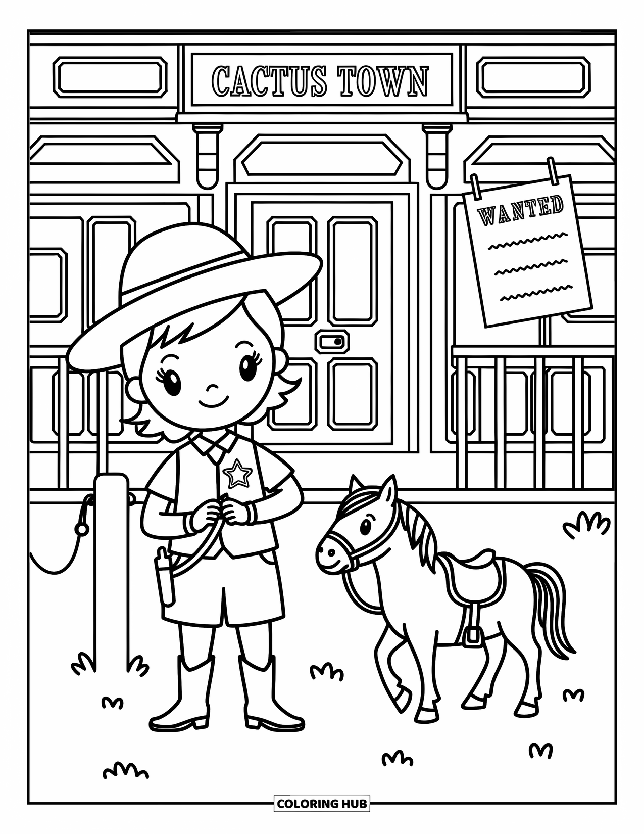 Western Kleurplaat voor Volwassenen: Een jonge sheriff speldt een badge op buiten de Cactus Town hal met een paard in de buurt