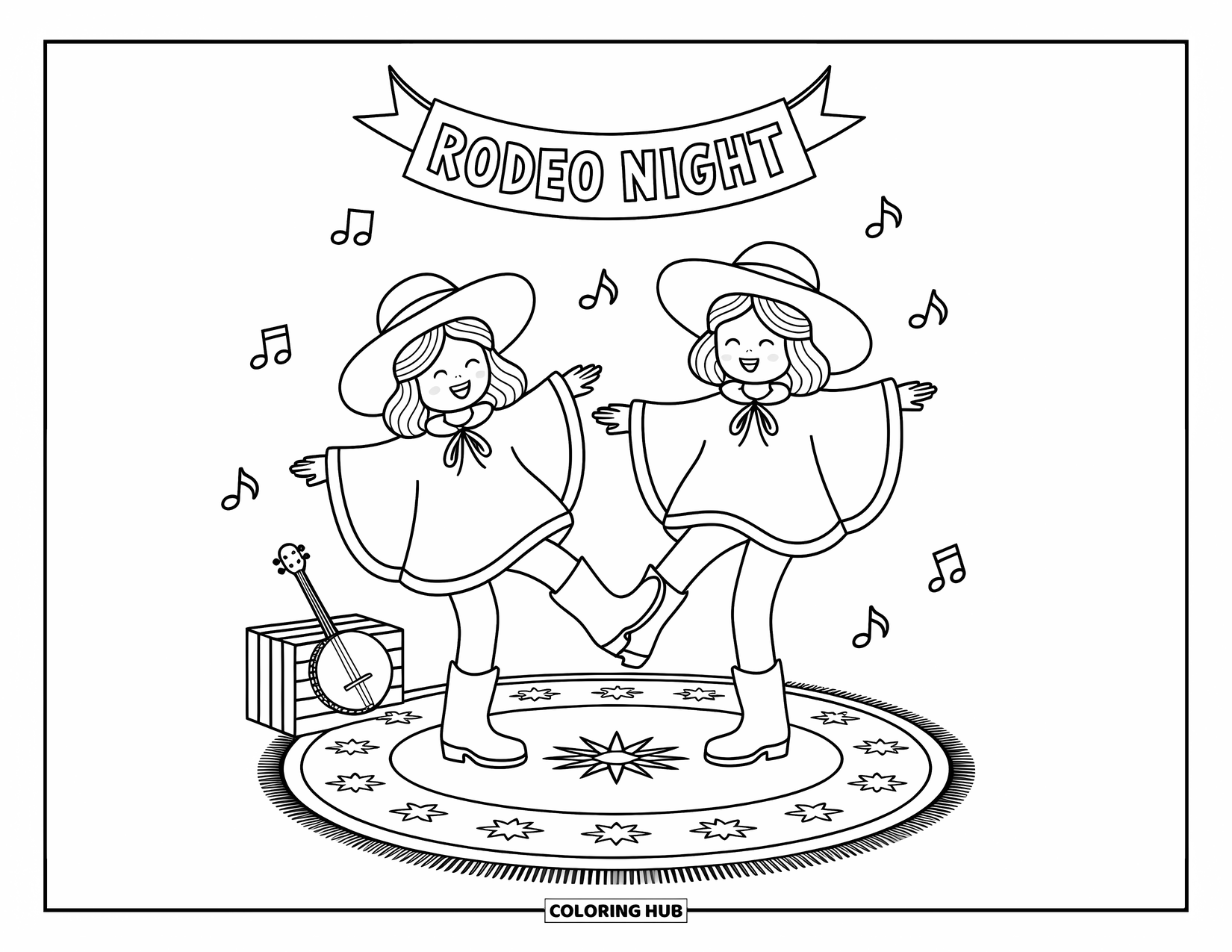 Western Kleurplaat voor Volwassenen: Beste vrienden draaien en dansen onder een Rodeo Night bord met een banjo ernaast