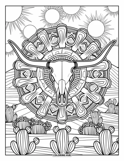 Coloriage Western pour adultes : Des cactus et des soleils forment un cercle autour d'un crâne de longhorn dans un motif d'inspiration désertique