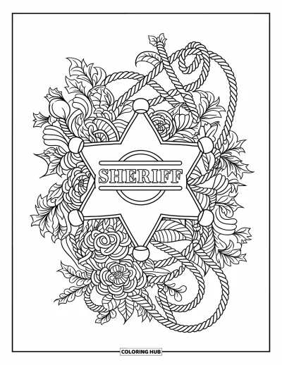 Coloriage Western pour adultes : Des volutes florales et une corde entourent un insigne de shérif avec un charme western audacieux
