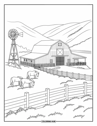 Coloriage Western pour adultes : Des chevaux paissent près d'une grange et d'un moulin à vent sur un ranch tranquille entouré de douces collines