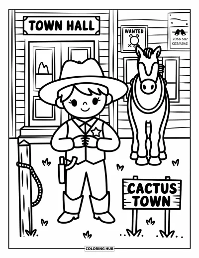Coloriage Western pour adultes : Dans Cactus Town, un petit shérif attache son badge avec un cheval et un saloon derrière lui