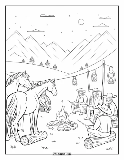 Coloriage Western pour adultes : Des hommes sont assis près du feu avec des lanternes lumineuses tandis que des chevaux attendent à proximité sous le ciel de la montagne