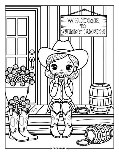 Coloriage Western pour adultes : Sur un porche, une cowgirl joue de son harmonica à côté de pots de fleurs, de bottes et d'un panneau de bienvenue