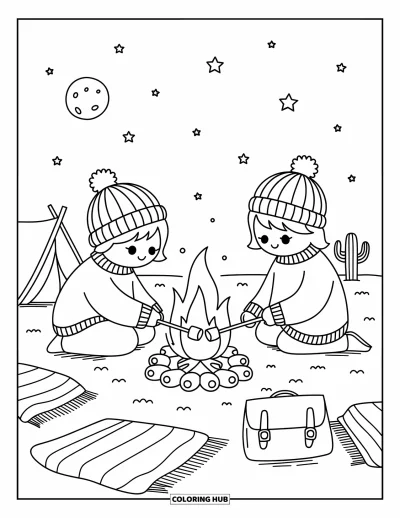 Coloriage Western pour adultes : Faisant griller des guimauves près du feu, deux enfants profitent d'une nuit chaude sous un ciel étoilé