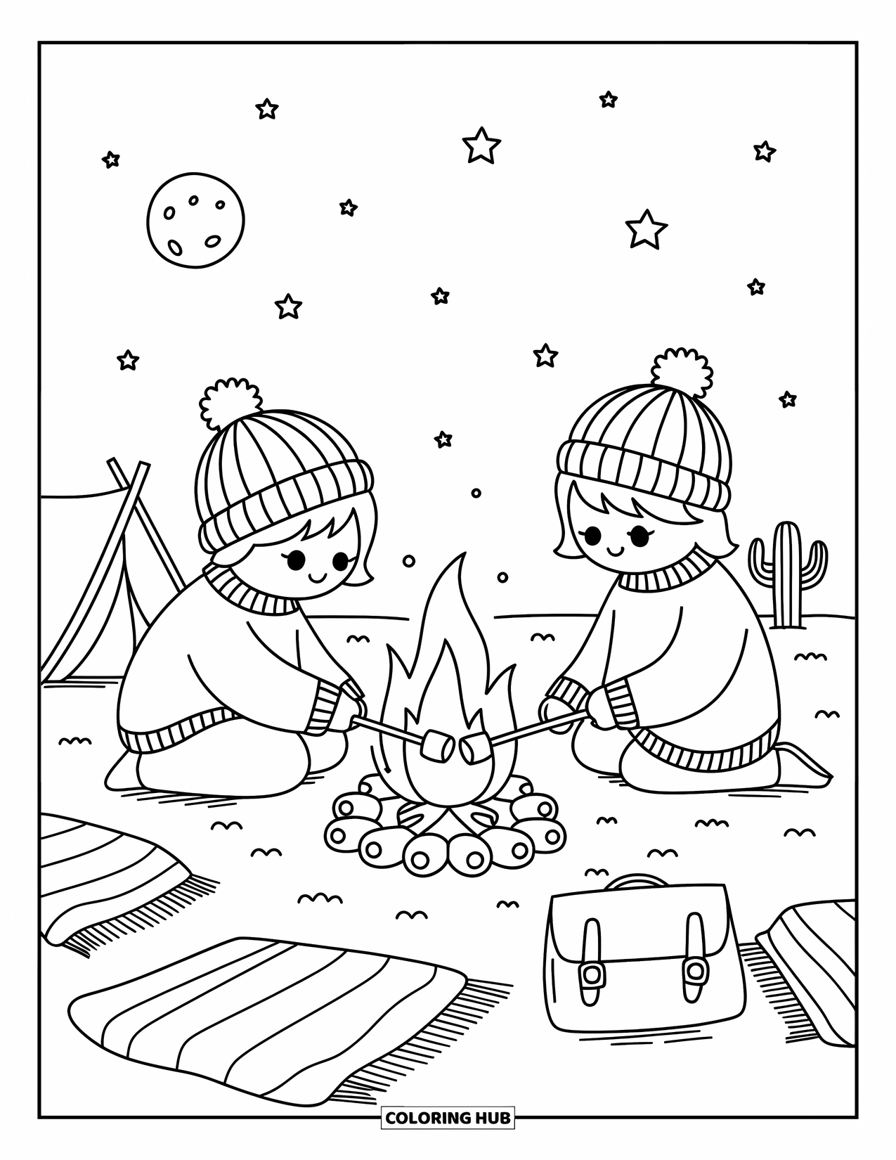 Western Kleurplaat voor Volwassenen: Marshmallows roosteren bij het vuur, twee kinderen genieten van een warme nacht onder een sterrenhemel